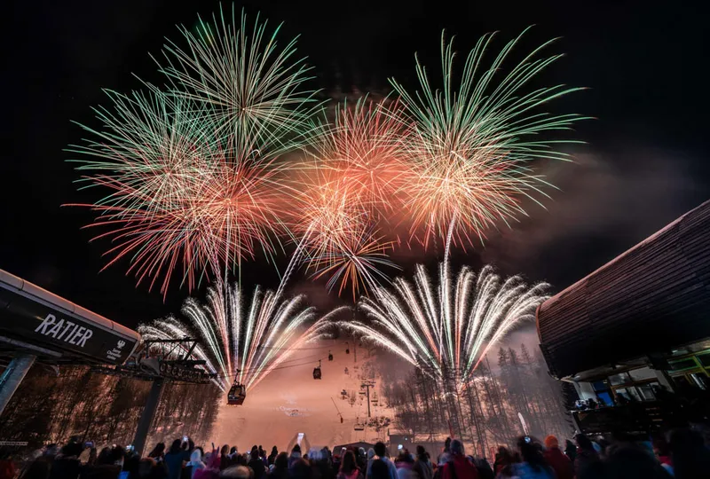 fireworks against a night sky, crowd watching
