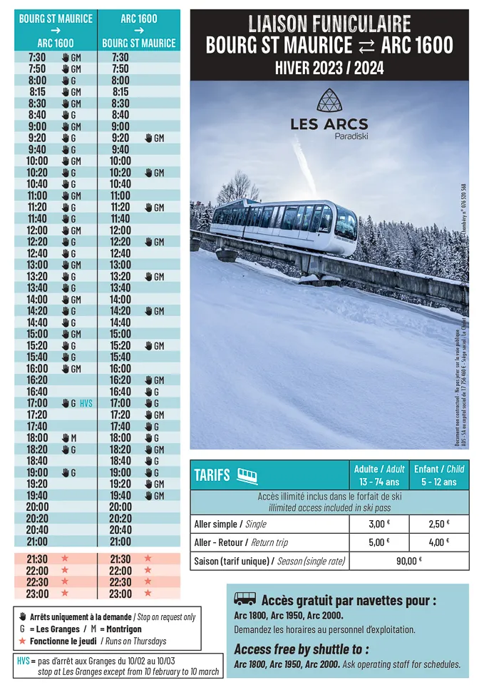 Les Arcs funicular 2023-24 timetable