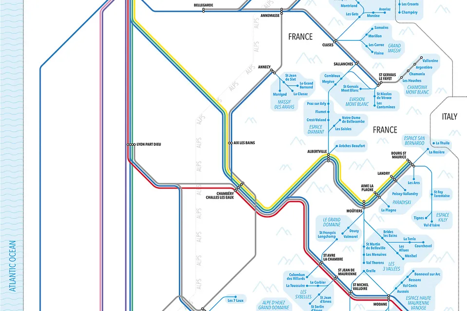 Snowcarbon rail-ski map of France